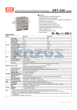 DRT-240-24 datasheet - 240W Three Phase Industrial DIN RAIL Power Supply