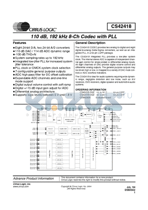 CS42418 datasheet - 110 dB, 192kHz 8-Ch CODEC WITH PLL