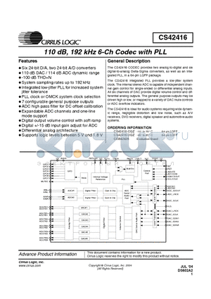 CS42416 datasheet - 110 dB, 192kHz 6-Ch CODEC WITH PLL