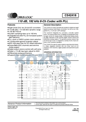 CS42418-CQZ datasheet - 110 dB, 192kHz 8-Ch CODEC WITH PLL