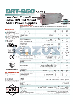 DRT-960 datasheet - Low Cost, Three-Phase 960W, DIN Rail Mount AC/DC Power Supplies