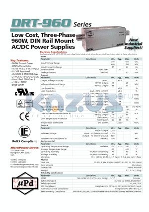 DRT-960-48 datasheet - Low Cost, Three-Phase 960W, DIN Rail Mount AC/DC Power Supplies