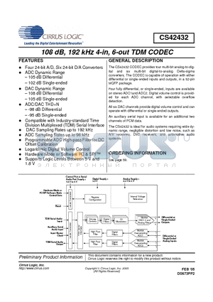 CS42432-DMZR datasheet - 108 dB, 192 kHz 4-in, 6-out TDM CODEC