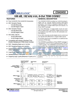 CS42432-DMZR datasheet - 108 dB, 192 kHz 4-In, 6-Out TDM CODEC