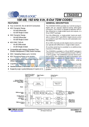 CS42432-CMZ datasheet - 108 dB, 192 kHz 4-In, 6-Out TDM CODEC