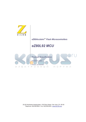EZ80L92AZ020EG datasheet - eZ80Acclaim Flash Microcontrollers