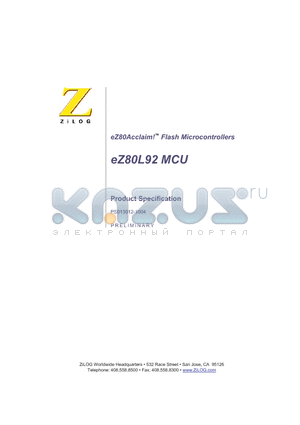 EZ80L92AZ020SC datasheet - eZ80Acclaim Flash Microcontrollers