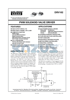 DRV102F datasheet - PWM SOLENOID/VALVE DRIVER