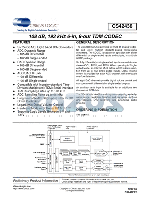 CS42438-DMZR datasheet - 108 dB, 192 kHz 6-in, 8-out TDM CODEC