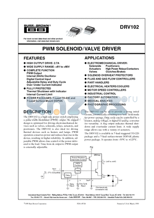 DRV102T datasheet - PWM SOLENOID/VALVE DRIVER