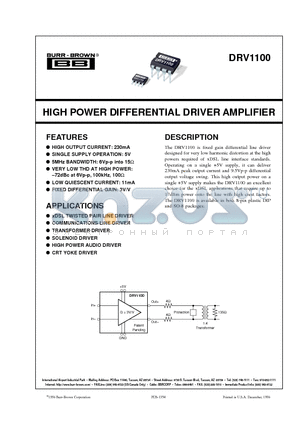 DRV1100P datasheet - HIGH POWER DIFFERENTIAL DRIVER AMPLIFIER