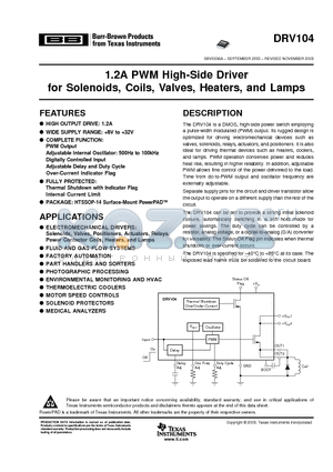 DRV104 datasheet - 1.2A PWM High-Side Driver for Solenoids, Coils, Valves, Heaters, and Lamps