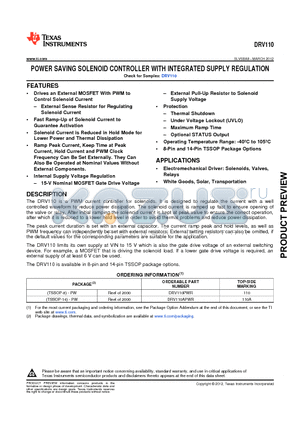 DRV110APWR datasheet - POWER SAVING SOLENOID CONTROLLER WITH INTEGRATED SUPPLY REGULATION