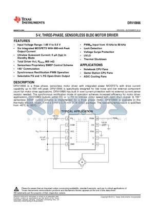 DRV10866DSC datasheet - 5-V, THREE-PHASE, SENSORLESS BLDC MOTOR DRIVER