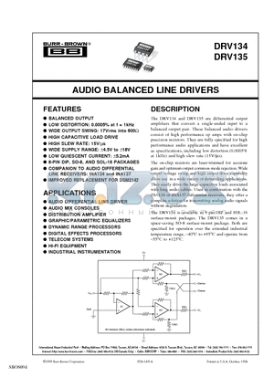 DRV134PAG4 datasheet - AUDIO BALANCED LINE DRIVERS