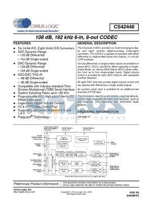 CS42448 datasheet - 108 dB, 192 kHz 6-in, 8-out CODEC