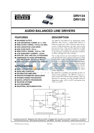 DRV134UA datasheet - AUDIO BALANCED LINE DRIVERS