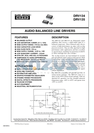 DRV135UA datasheet - AUDIO BALANCED LINE DRIVERS