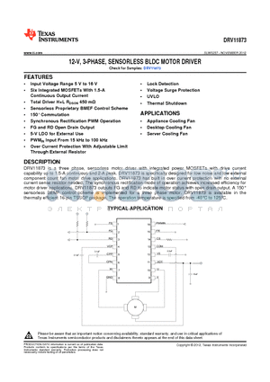 DRV11873 datasheet - 12-V, 3-PHASE, SENSORLESS BLDC MOTOR DRIVER