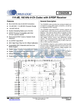 CS42526-DQZ datasheet - 114 dB, 192 kHz 6-Ch Codec with S/PDIF Receiver