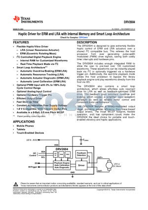 DRV2604 datasheet - Haptic Driver for ERM and LRA with Internal Memory and Smart Loop Architecture