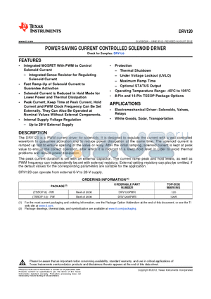 DRV120APWR datasheet - POWER SAVING CURRENT CONTROLLED SOLENOID DRIVER