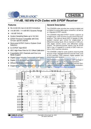 CS42526-DQZR datasheet - 114 dB, 192 kHz 6-Ch Codec with S/PDIF Receiver