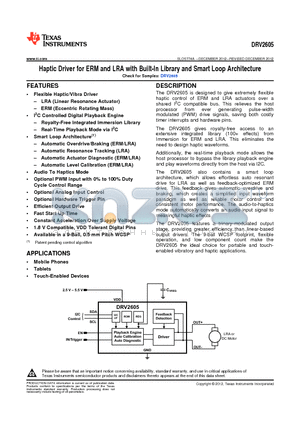 DRV2605YZFR datasheet - Haptic Driver for ERM and LRA with Built-In Library and Smart Loop Architecture