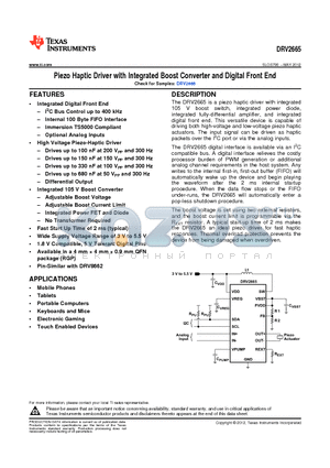 DRV2665RGPR datasheet - Piezo Haptic Driver with Integrated Boost Converter and Digital Front End