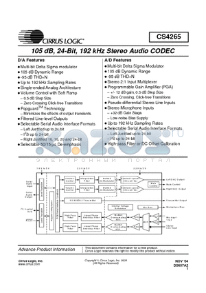 CS4265-CNZ datasheet - 105 dB, 24-Bit, 192 kHz Stereo Audio CODEC