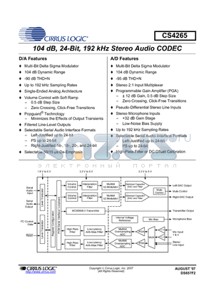 CS4265-CNZR datasheet - 104 dB, 24-Bit, 192 kHz Stereo Audio CODEC
