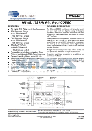 CS42448-CQZR datasheet - 108 dB, 192 kHz 6-in, 8-out CODEC