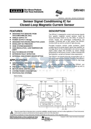 DRV401AIDWP datasheet - Sensor Signal Conditioning IC for Closed-Loop Magnetic Current Sensor