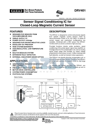 DRV401AIRGWTG4 datasheet - Sensor Signal Conditioning IC for Closed-Loop Magnetic Current Sensor