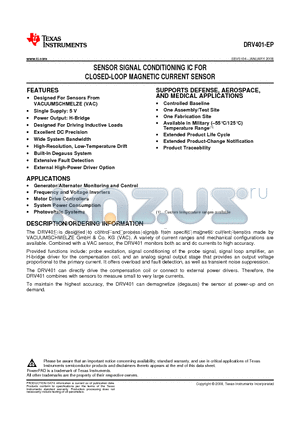 DRV401AMDWPREP datasheet - SENSOR SIGNAL CONDITIONING IC FOR CLOSED-LOOP MAGNETIC CURRENT SENSOR