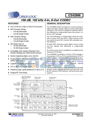 CS42888-CQZ datasheet - 108 dB, 192 kHz 4-In, 8-Out CODEC