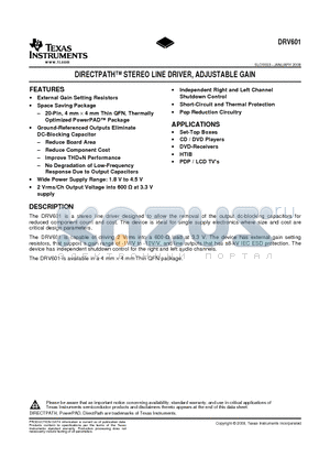 DRV601 datasheet - DIRECTPATH STEREO LINE DRIVER, ADJUSTABLE GAIN