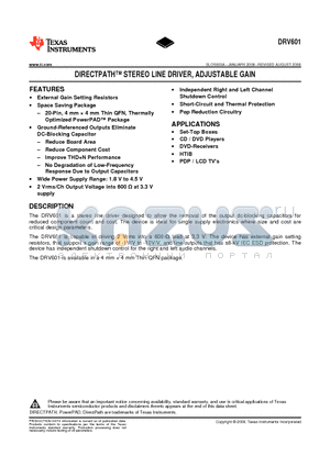 DRV601RTJR datasheet - DIRECTPATH STEREO LINE DRIVER, ADJUSTABLE GAIN