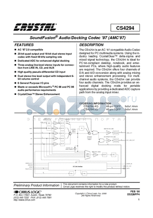 CS4294 datasheet - SoundFusion Audio/Docking Codec 97 (AMC 97)