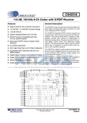 CS42518-CQZR datasheet - 110 dB, 192 kHz 8-Ch Codec with S/PDIF Receiver