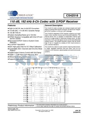 CS42518-DQZ datasheet - 110 dB, 192 kHz 8-Ch Codec with S/PDIF Receiver