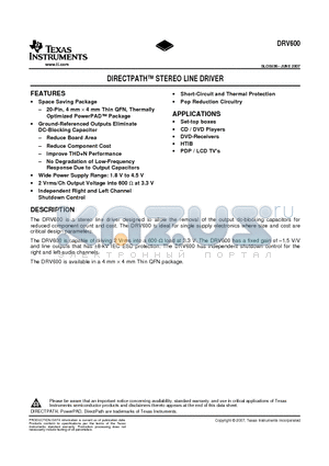 DRV600 datasheet - DIRECTPATH STEREO LINE DRIVER