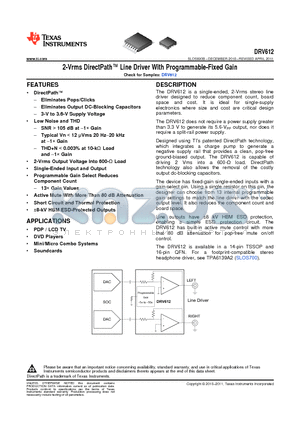 DRV612PW datasheet - 2-Vrms DirectPath Line Driver With Programmable-Fixed Gain