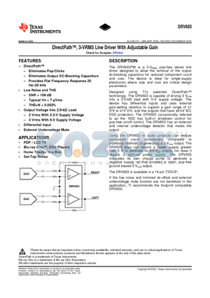 DRV603PW datasheet - DirectPath, 3-VRMS Line Driver With Adjustable Gain