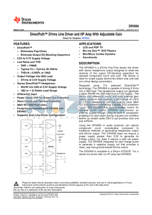DRV604 datasheet - DirectPath 2Vrms Line Driver and HP Amp With Adjustable Gain