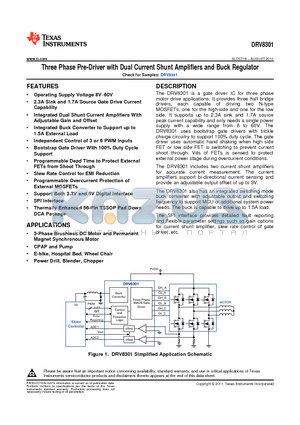 DRV8301 datasheet - Three Phase Pre-Driver with Dual Current Shunt Amplifiers and Buck Regulator