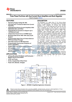 DRV8301DCA datasheet - Three Phase Pre-Driver with Dual Current Shunt Amplifiers and Buck Regulator
