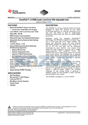 DRV632 datasheet - DirectPath, 2-VRMS Audio Line Driver With Adjustable Gain