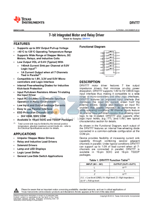 DRV777DR datasheet - 7- bit Integrated Motor and Relay Driver