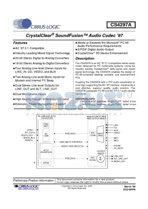 CS4297A-JQZ datasheet - CrystalClear^ SoundFusion Audio Codec 97